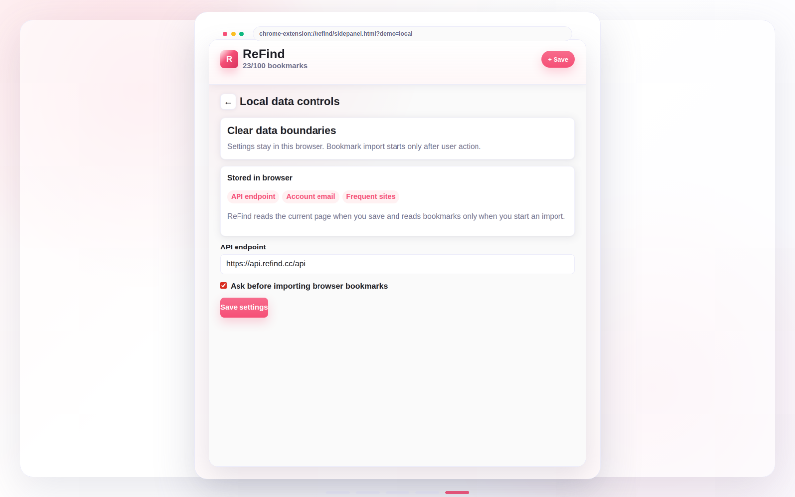 ReFind local data and settings screen